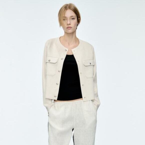 Zara Cream Faux Suede Round Neck Button Front Cropped Jacket Size XS - Picture 1 of 10